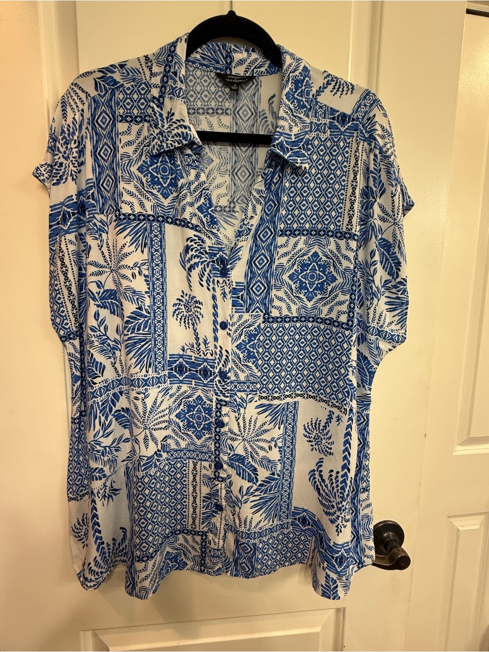 Mlle Gabrielle Blue & White Printed Short-Sleeve Button-Down Shirt